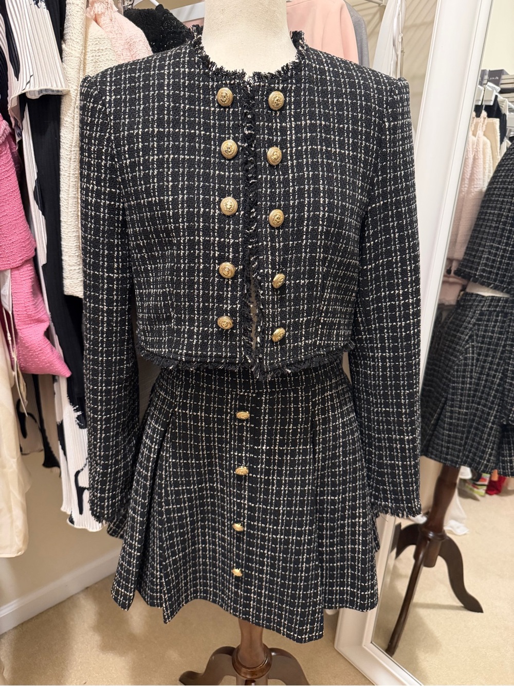 Black Tweed Two-Piece Pleated Skirt Set with Gold Buttons